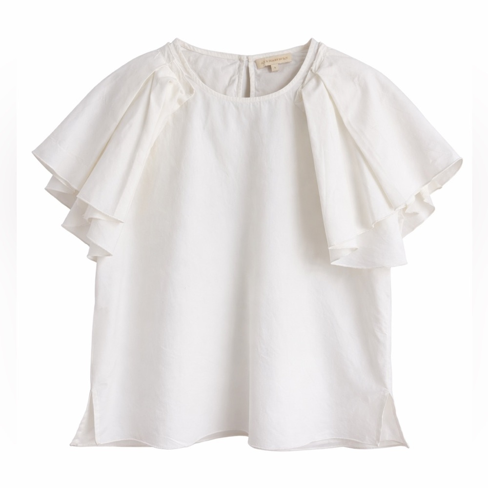 Ann Mashburn White Flutter Sleeve Cotton Poplin Blouse Size Small